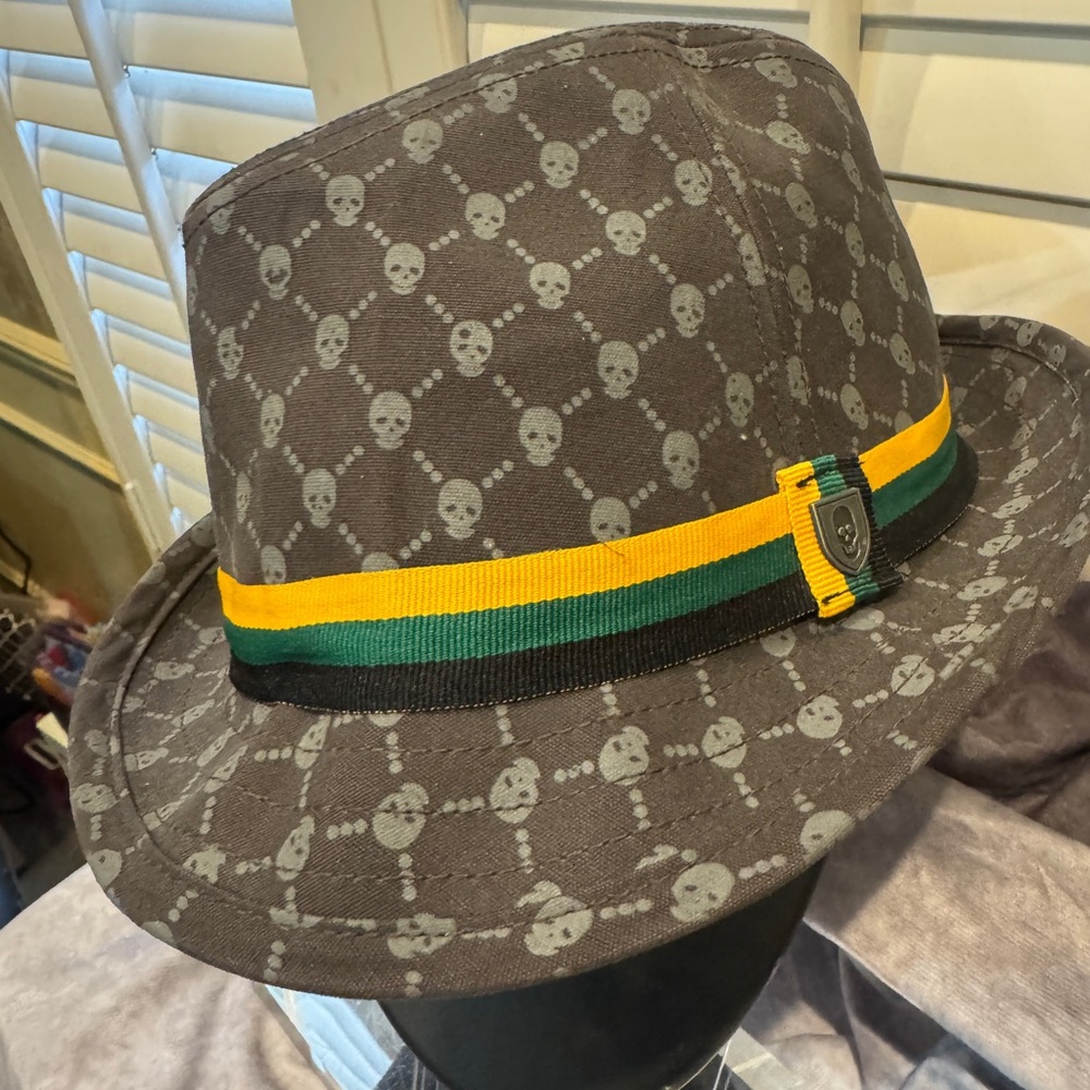 Broner Gray Skull Pattern Fedora with Multicolor Band‎